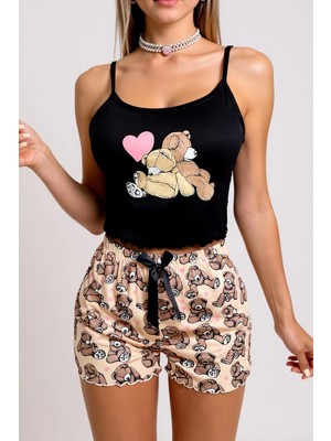 Fantastik Store Renkli Ayıcık Desenli Askılı Şortlu Kadın Pijama Takımı