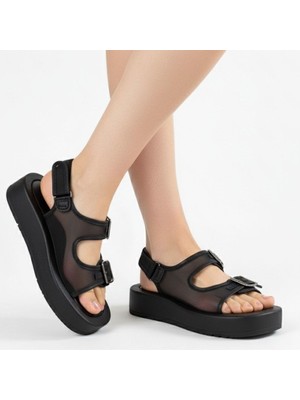 Fantastik Store Sinna Siyah Cilt Tül Detaylı Sandalet - Lisinya