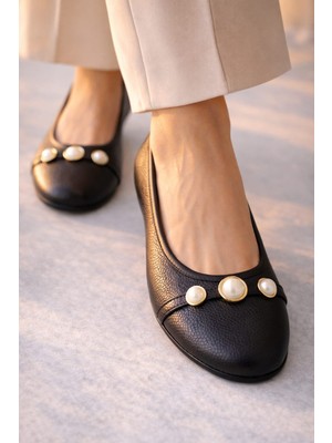Slipcat Yuvarlak Burun Inci Tokalı Kadın Günlük Ofis Babet Ayakkabı