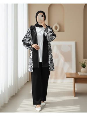 Modamorfo Fermuarlı Kapşonlu Yanları Desenli Scuba Takım -Siyah