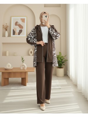 Modamorfo Fermuarlı Kapşonlu Yanları Desenli Scuba Takım -Kahve