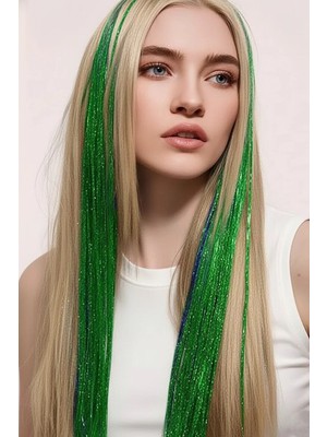 Caş Dekorasyon Yeşil Renk Simli Yan Postiş Hair Tinsel Shiny Hair-50 Cm- (2ADET)