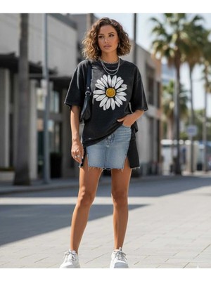 Divin Washed Effect Baskılı Kadın Oversıze T-Shirt