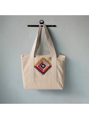 Swita Punch Işlemeli Desenli Keten Omuz Çantası, Plaj Çantası, El Çantası %100 Pamuk 36X29 cm