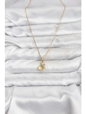 Fantastik Store 316L Çelik Zincir Gold Renk Deniz Kabuğu ve Deniz Yıldızı Model Zirkon Taşlı Kadın Kolye - Lisinya
