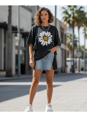 Divin Washed Effect Baskılı Kadın Oversıze T-Shirt