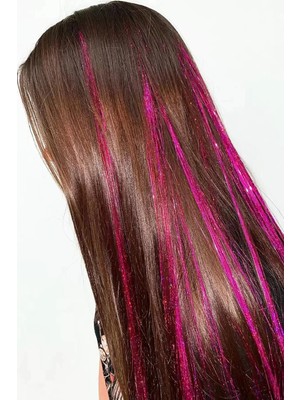 Caş Dekorasyon Koyu Pembe Renk Simli Yan Postiş Hair Tinsel Shiny Hair-50 Cm- (2 Adet)