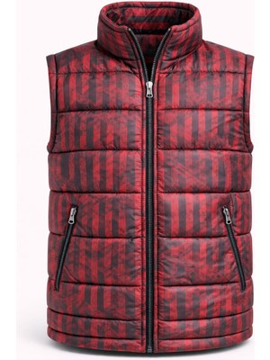 Bluesoil Kırmızı Siyah Desenli Erkek Şişme Yelek Fermuarlı Cepli Hafif Dolgulu Dik Yaka