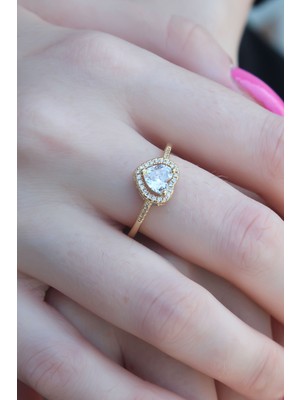 Fantastik Store Gold Renk Zirkon Taşlı Kalp Model Charm Pirinç Kadın Yüzük - Lisinya