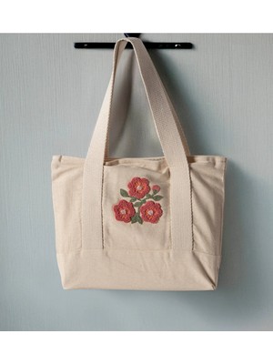 Swita Punch Işlemeli Desenli Keten Omuz Çantası, Plaj Çantası, El Çantası %100 Pamuk 36X29 cm