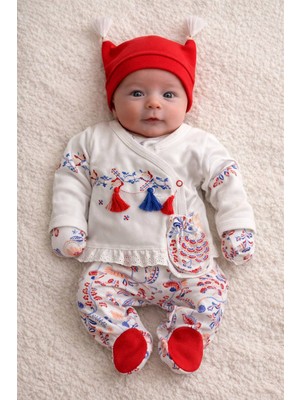 %100 Pamuk Yenidoğan 5’li Hastane Çıkışı Seti – Uzun Kollu Üst, Alt, Şapka, Eldiven ve Mama Önlüğü