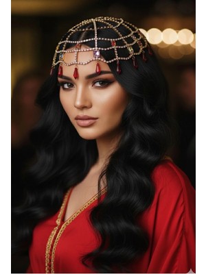 Caş Dekorasyon Altın Renk Kırmızı Taşlı Saç Aksesuarı Kına Aksesuarı