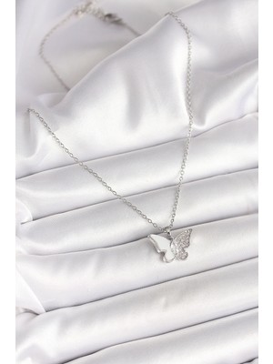 Fantastik Store 316L Çelik Gümüş Renk Zincir Zirkon Taşlı Beyaz Mineli Kelebek Model Kadın Kolye - Lisinya