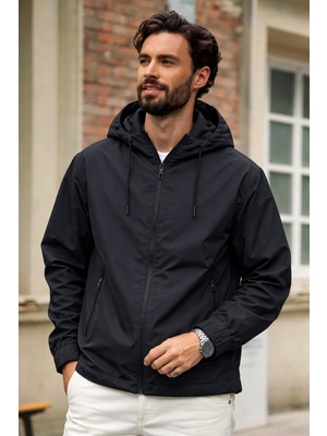 Damga Erkek Trend Siyah Fermuarlı Yağmurluk