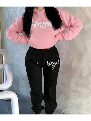 Divin Blessed Baskılı Kapüşonlu Sweatshirt & Eşofman 2lı Takımı