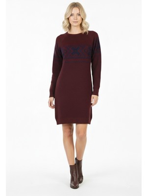 Kadın Bordo Kar Tanesi Desenli Bisiklet Yaka Raglan Kol Jakarlı Triko Mini Kazak Tunik