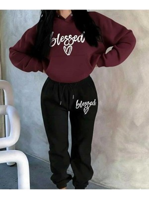 Divin Blessed Baskılı Kapüşonlu Sweatshirt & Eşofman 2lı Takımı