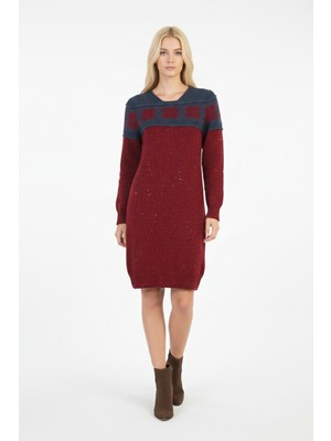 Kadın Bordo Kar Tanesi Desenli Bisiklet Yaka Uzun Kollu Jakarlı Mini Triko Kazak Elbise