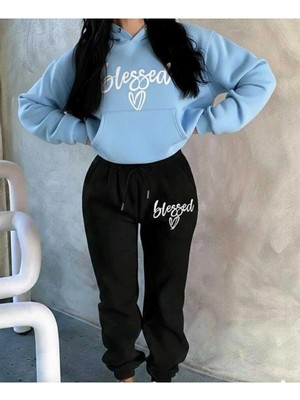 Divin Blessed Baskılı Kapüşonlu Sweatshirt & Eşofman 2lı Takımı