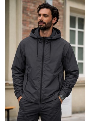 Damga Erkek Trend Füme Fermuarlı Yağmurluk