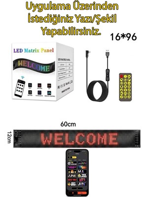 Tekvora 60CM LED Matrix Araç Içi Dijital Ekran | App Kontrollü | Kumandalı | Rgb Kayan Yazı Paneli