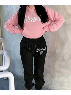 Divin Blessed Baskılı Kapüşonlu Sweatshirt & Eşofman 2lı Takımı