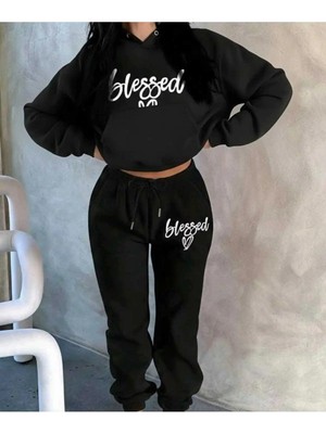 Divin Blessed Baskılı Kapüşonlu Sweatshirt & Eşofman 2lı Takımı