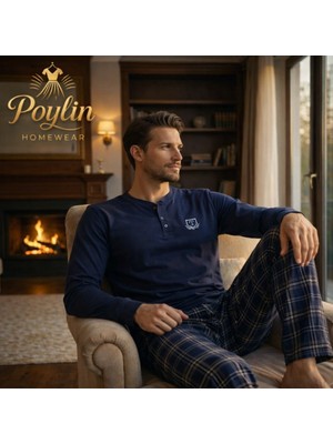 Tarık Erkek Lacivert Düğmeli Hakim Yaka Ekose Desenli Pamuklu Mevsimlik Penye Pijama Takımı