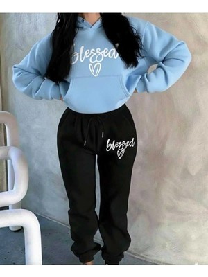 Divin Blessed Baskılı Kapüşonlu Sweatshirt & Eşofman 2lı Takımı