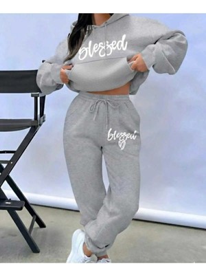 Divin Blessed Baskılı Kapüşonlu Sweatshirt & Eşofman 2lı Takımı