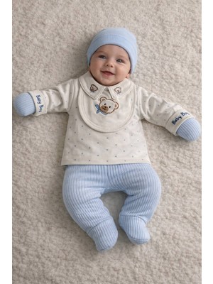 %100 Pamuk Yenidoğan 5’li Hastane Çıkışı Seti – Uzun Kollu Üst, Alt, Şapka, Eldiven ve Mama Önlüğü