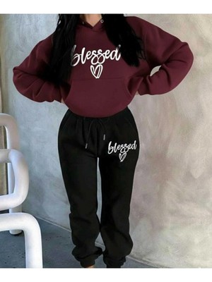 Divin Blessed Baskılı Kapüşonlu Sweatshirt & Eşofman 2lı Takımı