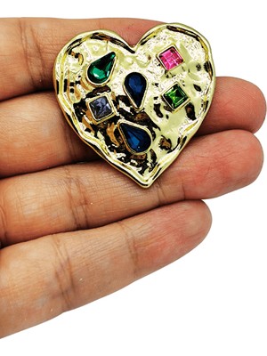 BB Bi Butik Shop Renkli Taşlı Gold Kalp Form Kadın Şık Hediyelik Broş