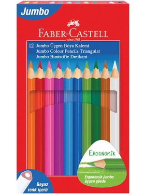 Braventa Collection Faber-Castell Jumbo Üçgen Boya Kalemi, 12 Renk, Ergonomik Gövde, Beyaz Renk Içerir, Kalın Uçlu, Canl