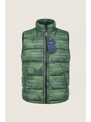 Bluesoil Haki Yeşil Desenli Erkek Şişme Yelek Dik Yaka Fermuarlı Cepli Hafif Dolgulu Günlük Kullanım