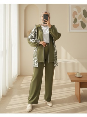 Modamorfo Fermuarlı Kapşonlu Yanları Desenli Scuba Takım -Haki