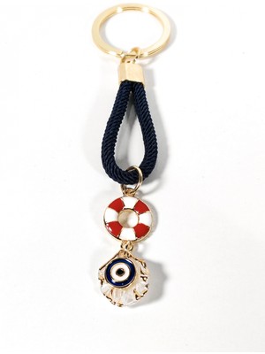 Moncuk Design Lacivert Örgü Ipli Can Simidi ve Nazar Figürlü Metal Anahtarlık – Deniz Temalı Şık ve Anlamlı Tasarım