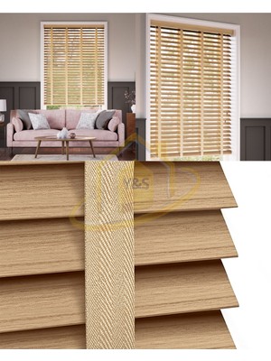 YS Perde Tasarım Wooden Blinds %100 Doğal Ahşap Jaluzi Perde , 50MM Alüminyum Kasalı Yüksek Kaliteli - Meşe Kurdelalı WOODF/M424