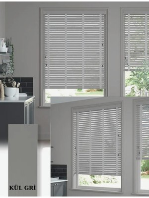 YS Perde Tasarım Wooden Blinds %100 Doğal Ahşap Jaluzi Perde , 50MM Alüminyum Kasalı Yüksek Kaliteli - Kül Gri Kurdelalı WBKG-V381