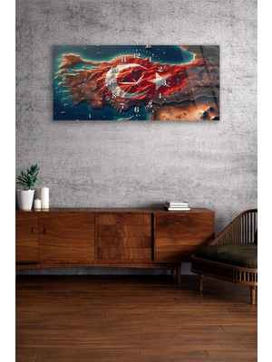 Olinpa Kırılmaz Cam Duvar Saati , Hem Tablo Hem Saat Türk Bayrağı ve Harita Modern Duvar Saati Ev Hediyesi