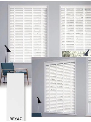 YS Perde Tasarım Wooden Blinds %100 Doğal Ahşap Jaluzi Perde , 50MM Alüminyum Kasalı Yüksek Kaliteli - Beyaz Kurdelalı WOODZ/B314