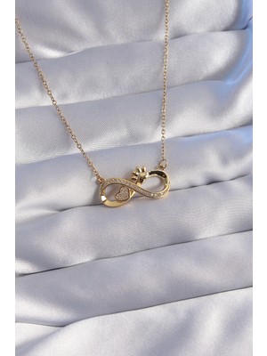 Belle Fusion Mey Ithalat® 316L Çelik Zincir Gold Renk Zirkon Taşlı Pati ve Kalp Detaylı Sonsuzluk Kolye