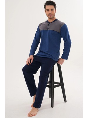 Markalinda 3122 Indigo Büyük Beden %100 Pamuk Erkek Pijama Takımı
