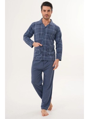 Markalinda 3141 Indigo Büyük Beden Boydan Düğmeli Erkek Pijama Takımı