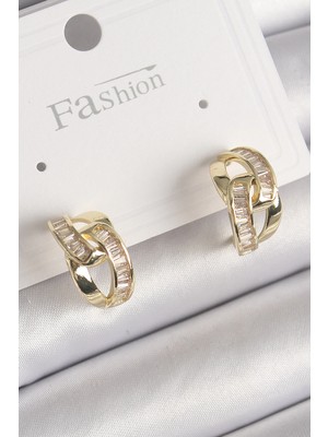 Belle Fusion Mey Ithalat® Pirinç Gold Renk Zirkon Taşlı Zincir Model Kadın Küpe