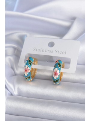 Belle Fusion Bfs Pirinç Gold Renk Mavi Çiçek Işleme Detay Kadın Küpe