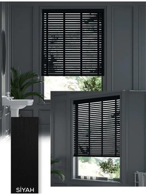 YS Perde Tasarım Wooden Blinds %100 Doğal Ahşap Jaluzi Perde , 50MM Alüminyum Kasalı Yüksek Kaliteli - Siyah Kurdelalı WDJJX-W215