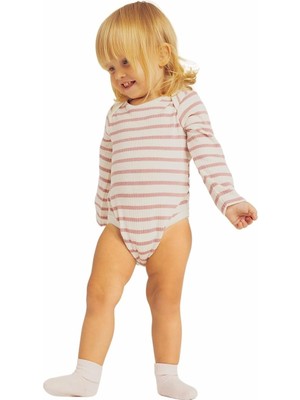 Braventa Collection Kız Bebek Yeni Doğan Zarf Yaka Çizgili Fitilli Kaşkorse Uzun Kollu Çıtçıtlı Body
