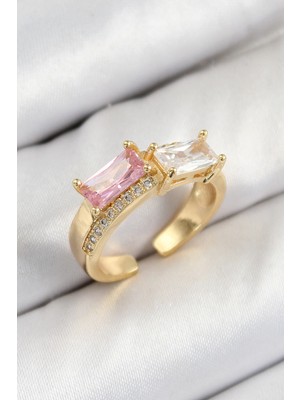 İsmiyle Al Mey Ithalat® Pirinç Zirkon Taşlı Dikdörtgen Model Gold Renk Kadın Yüzük