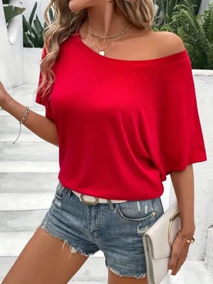 Barış Beauty Kadın Tek Omuzu Açık Kısa Kollu Salaş Viskon Bluz